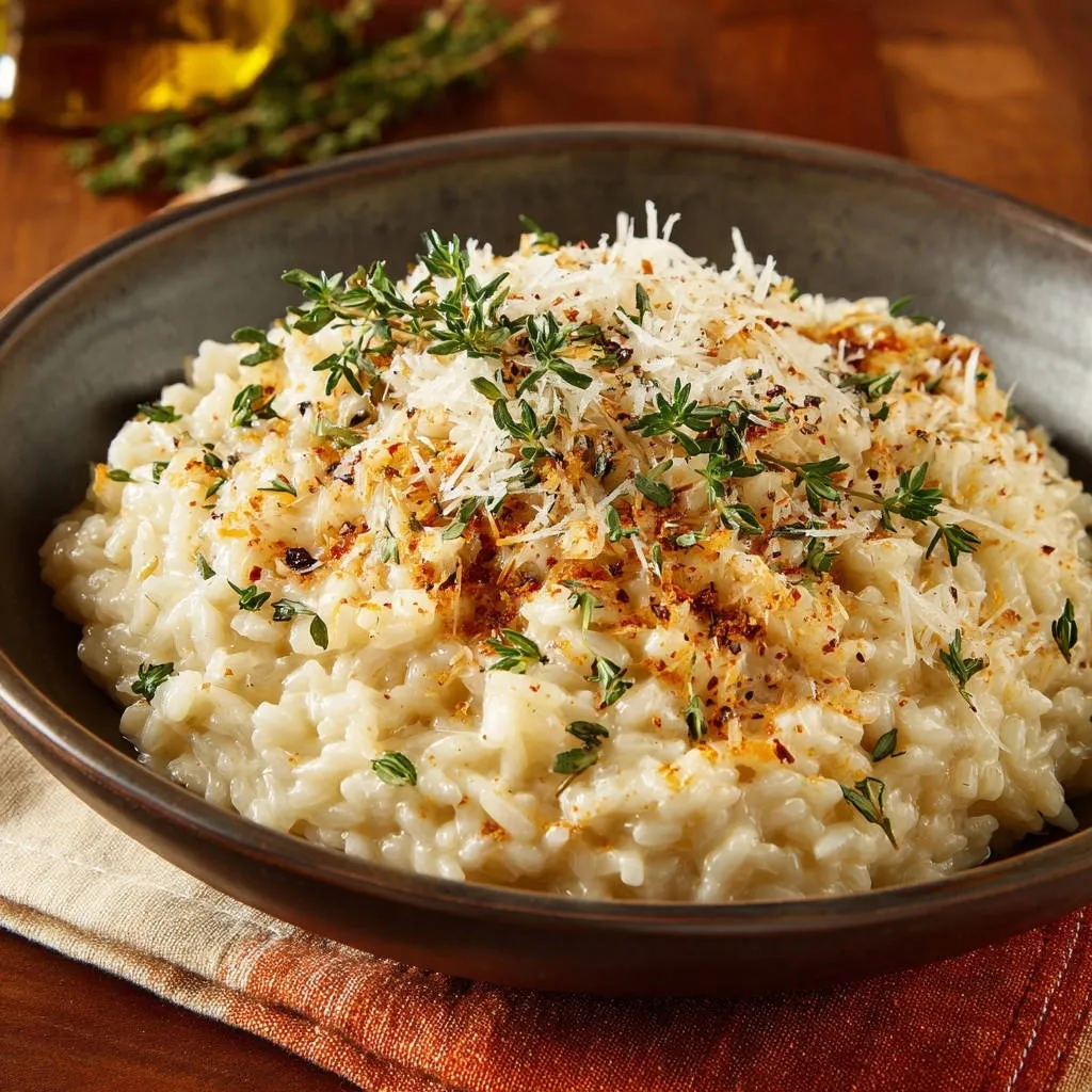 Lemon Thyme Risotto garnished with fresh herbs and grated cheese in a rustic bowl.