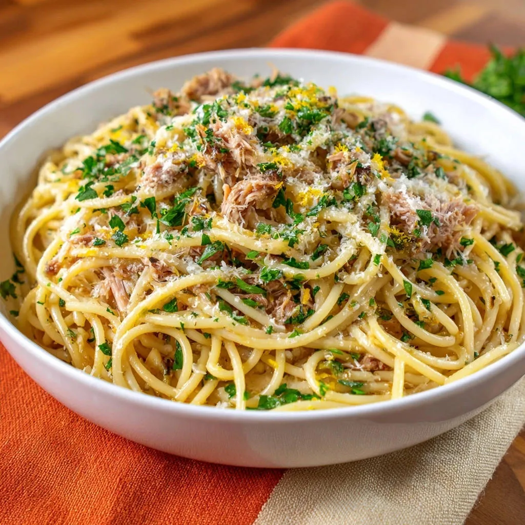 Lemony tuna spaghetti served in a white bowl, generously garnished with parsley, cheese, and lemon zest.