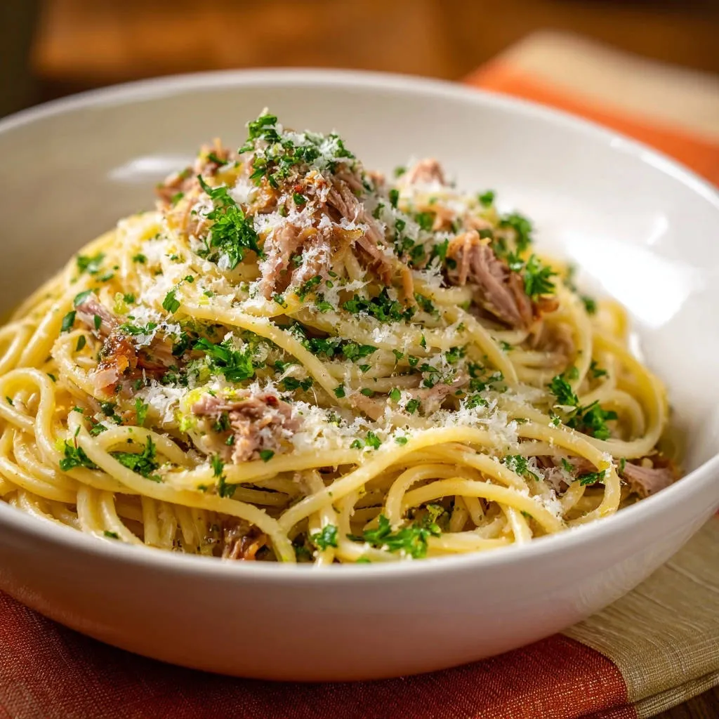 Lemony tuna spaghetti with a clinging sauce, generously garnished with fresh parsley and grated Parmesan cheese in a white bowl.