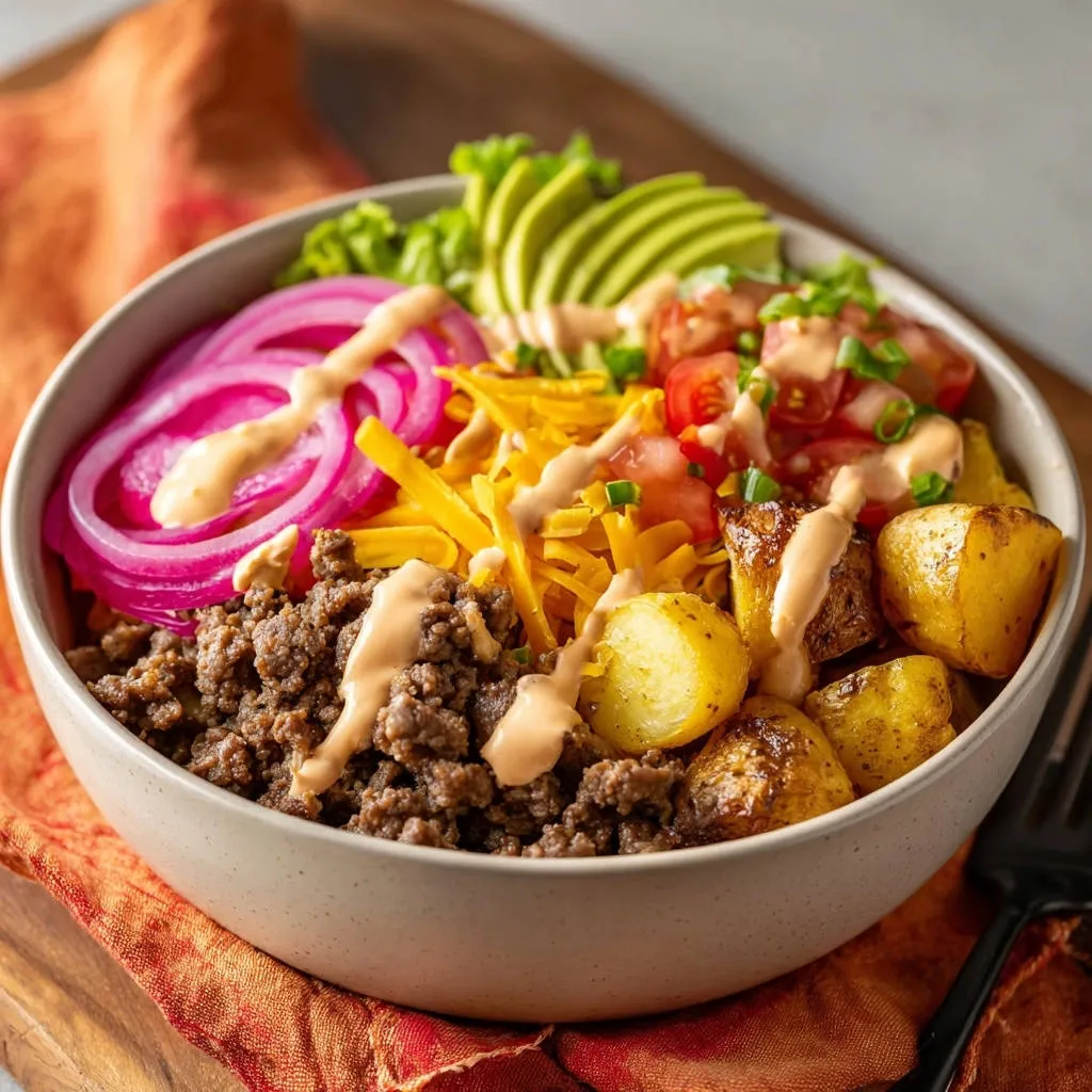 Loaded beef & potato bowl featuring a close-up of the flavorful toppings including avocado, tomatoes, and cheese.