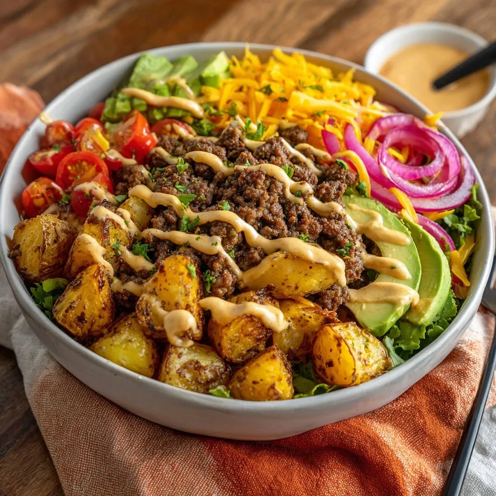Loaded beef & potato bowl with a drizzle of creamy sauce over roasted potatoes and fresh toppings.