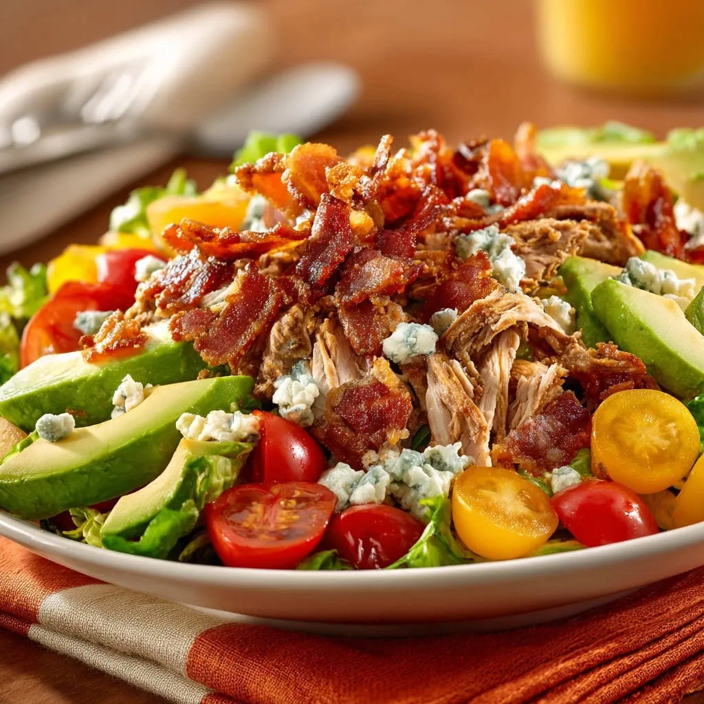 Ultimate Loaded Cobb-Style Chicken Salad features a generous topping of crispy bacon and crumbled blue cheese.