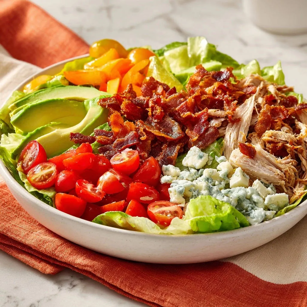 Ultimate Loaded Cobb-Style Chicken Salad features chicken, bacon, tomatoes, avocado, and blue cheese in an overhead view.
