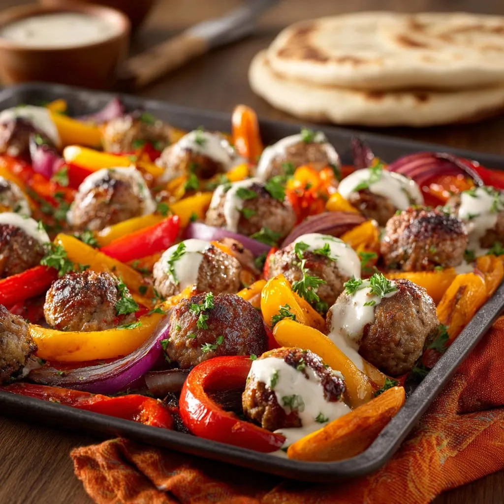 Mediterranean sheet pan meatballs and veggies served on a baking sheet, drizzled with sauce and garnished with parsley.