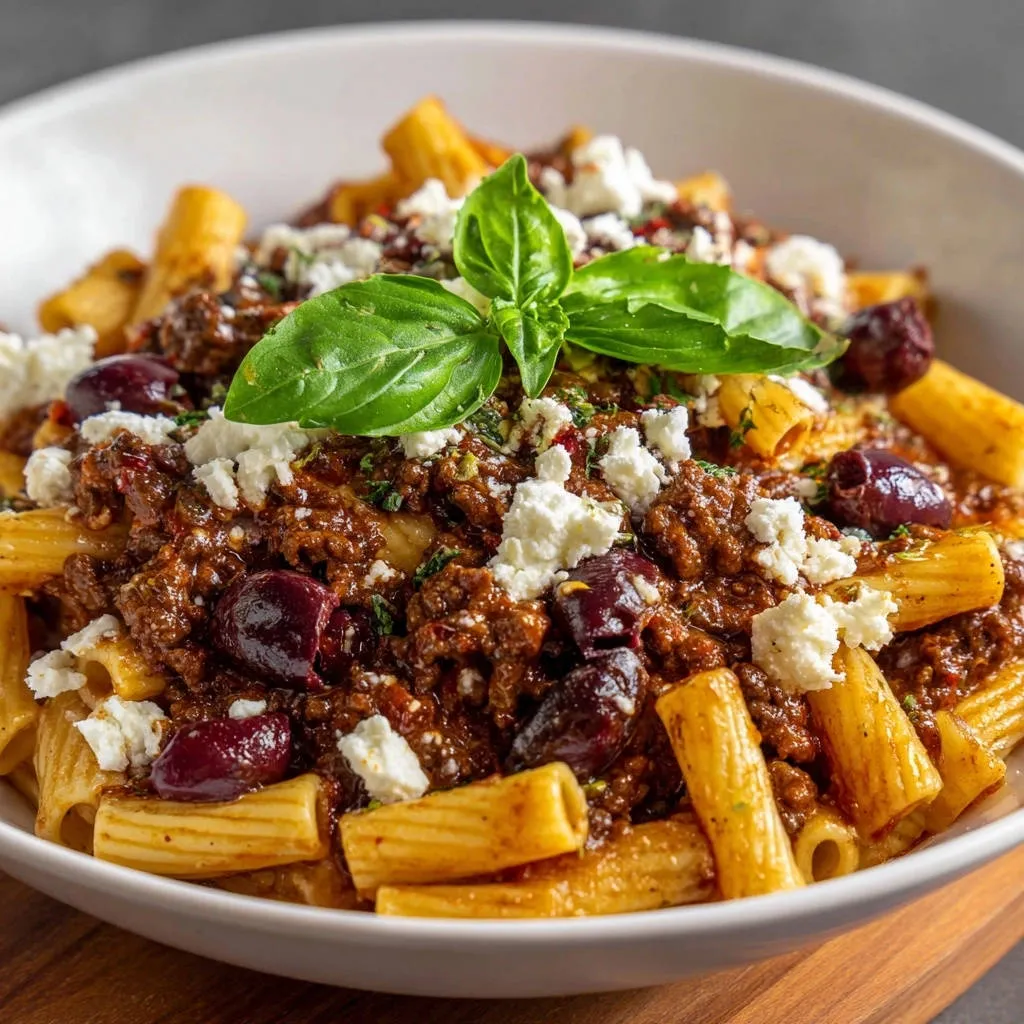 Rich Mediterranean Ragu Pasta generously topped with crumbled feta, olives, and fresh basil leaves.