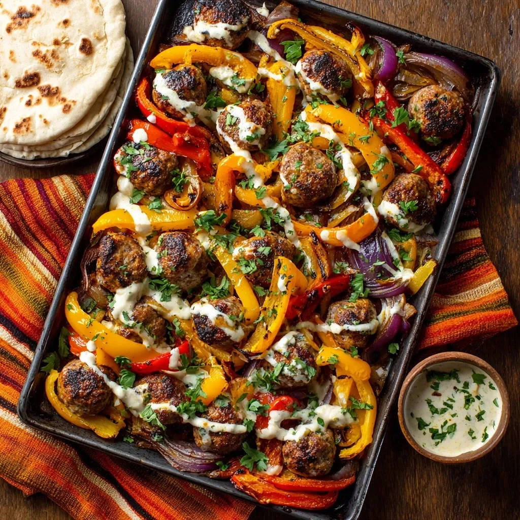 Mediterranean sheet pan meatballs and veggies with colorful peppers drizzled with a creamy sauce and garnished with parsley.