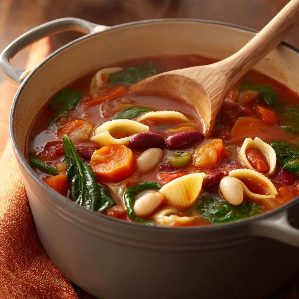 Hearty Minestrone Style Soup with pasta and vegetables, shown in a pot with a wooden spoon.