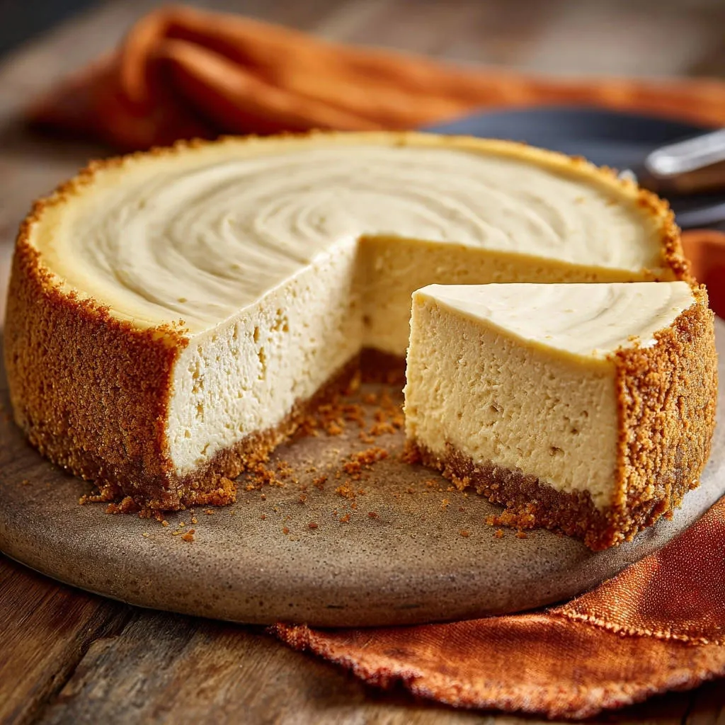 Classic New York Cheesecake with a slice removed showing the graham cracker crust and creamy interior.