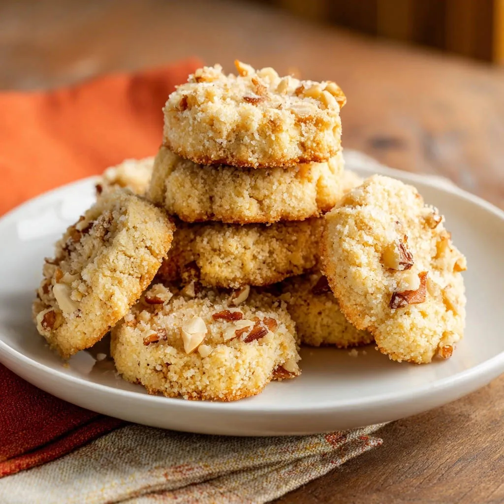 Nutty butter cookies, a stack of melt-in-your-mouth tender cookies sprinkled with chopped nuts.