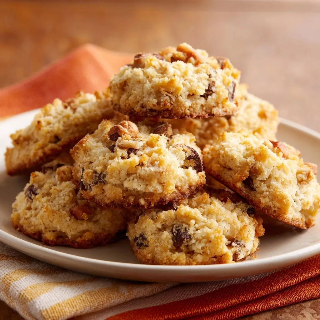 Nutty butter cookies with chocolate chips and nuts are stacked on a white plate with orange napkins.