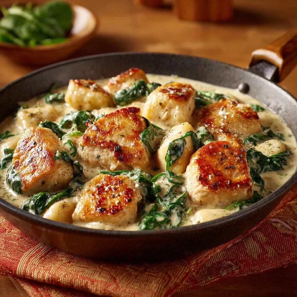 One-pan creamy chicken and gnocchi skillet shown close-up in a cooking pan with wilted spinach.