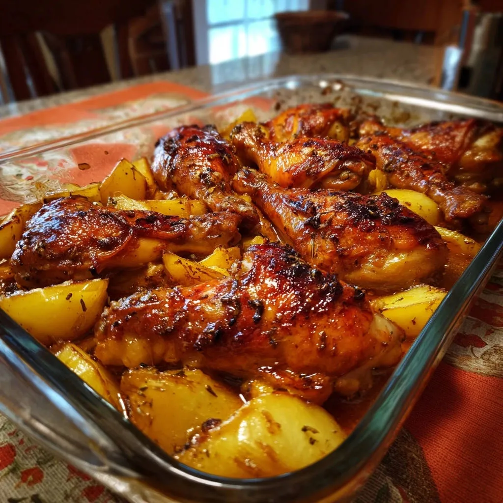 One-pan glazed chicken and potatoes glistening with a rich glaze, showcasing tender pieces and roasted potato wedges.