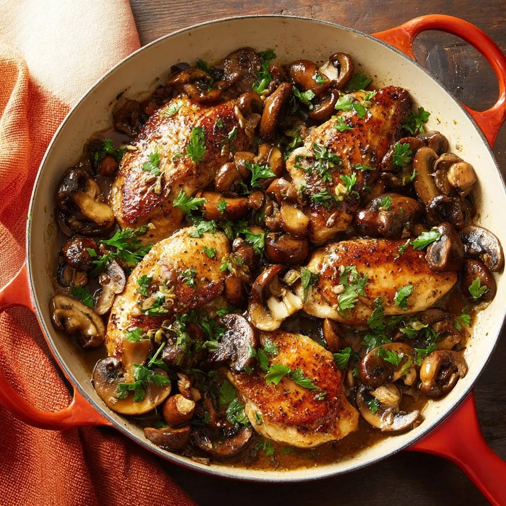 One-pan skillet chicken and mushrooms in a rustic red pan, showcasing a rich sauce and tender pieces.