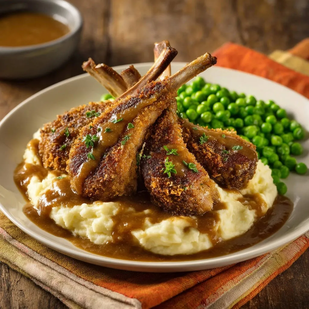 Oven-finished crusted lamb chops plated with mashed potatoes and gravy, served with a side of peas.