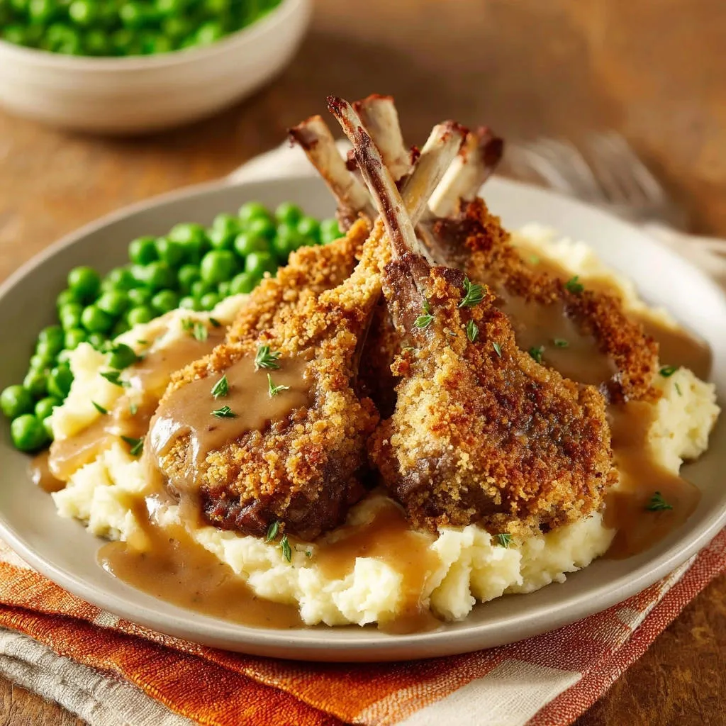 Oven-finished crusted lamb chops plated with mashed potatoes, peas, and gravy, showing a close-up view of the crispy topping.