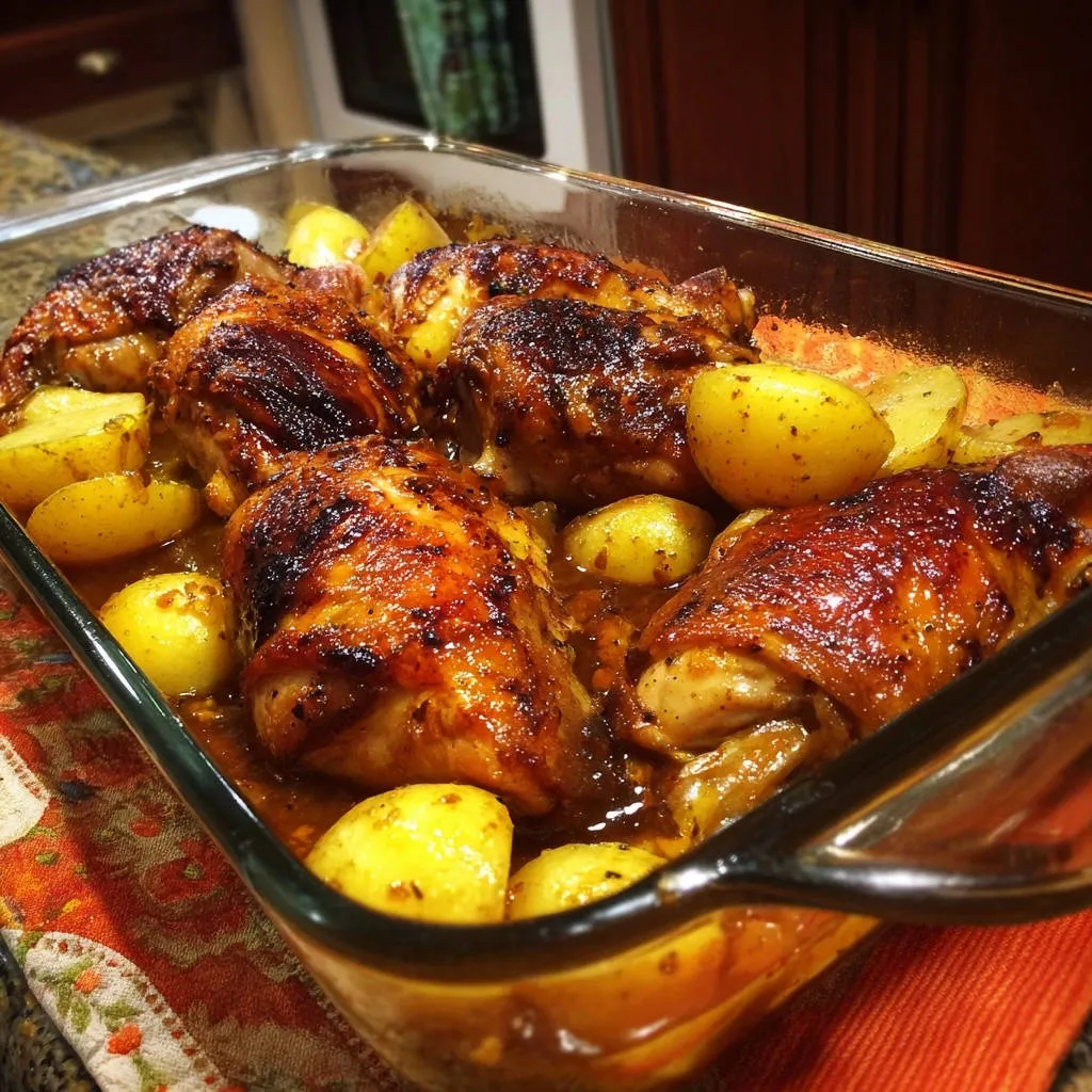 Oven-roasted honey garlic chicken and potatoes shown close-up in a glass baking dish, glistening with sauce.
