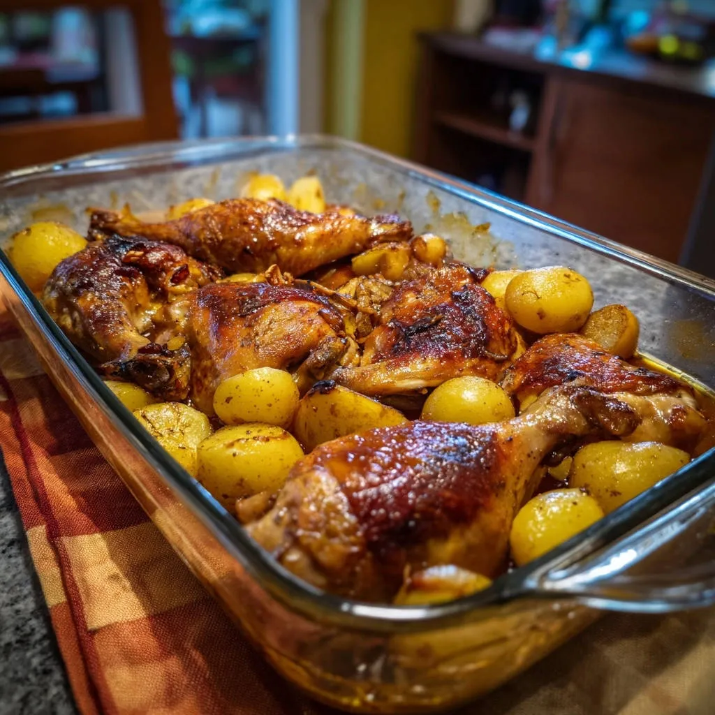 Oven-roasted honey garlic chicken and potatoes in a glass baking dish, showing the golden-brown chicken pieces and baby potatoes.