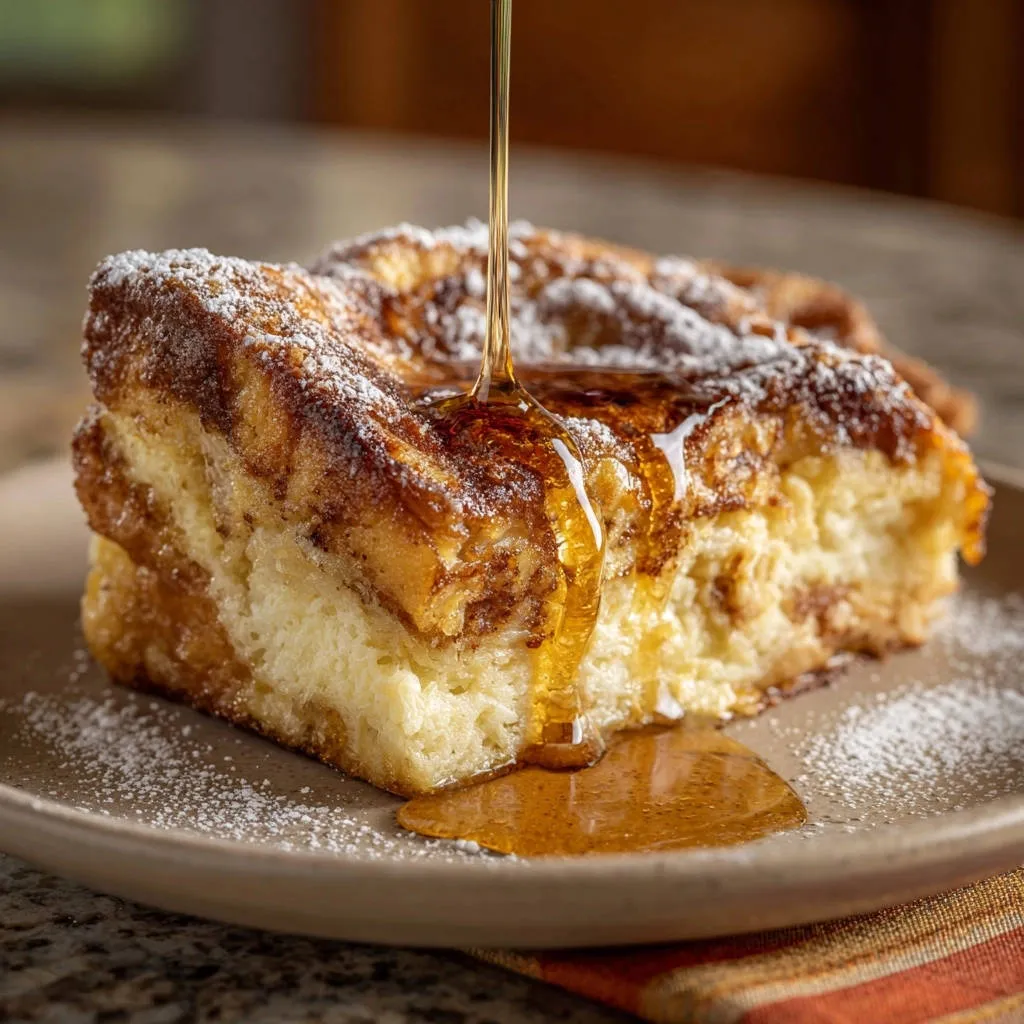 Overnight Cinnamon Swirl French Toast Bake with syrup being drizzled over a slice on a plate.