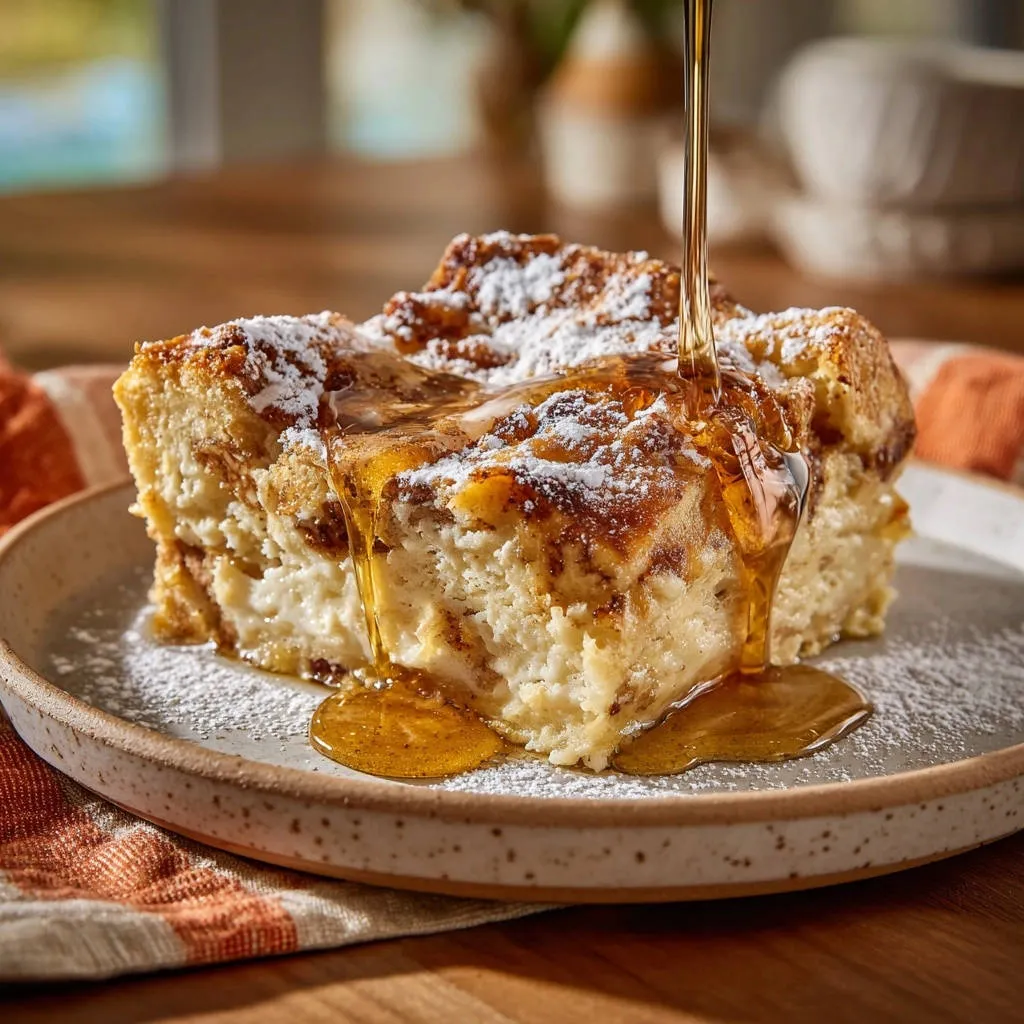 Overnight cinnamon swirl French toast bake with powdered sugar and syrup being drizzled on a slice.