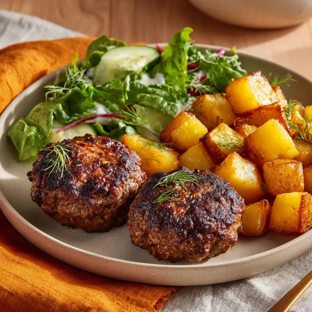 Crispy sear pan-fried meat patties with dill potatoes served on a plate in a side view.