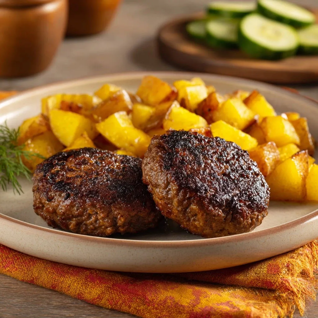 Pan-fried meat patties with dill potatoes served on a plate, showcasing a close-up of the seasoned patties and golden potatoes.