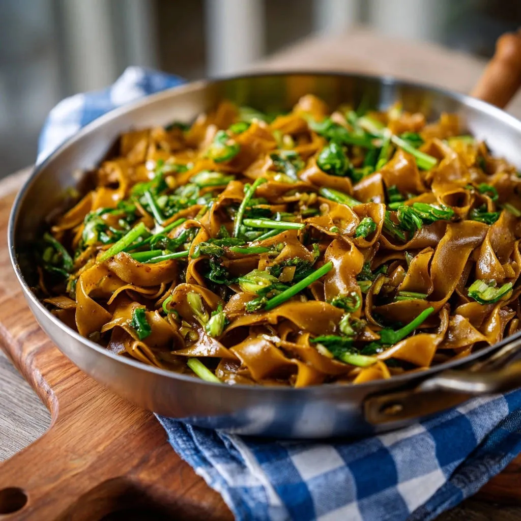 Savory pan-fried noodles with bacon shown in a close-up view within a stainless steel pan.