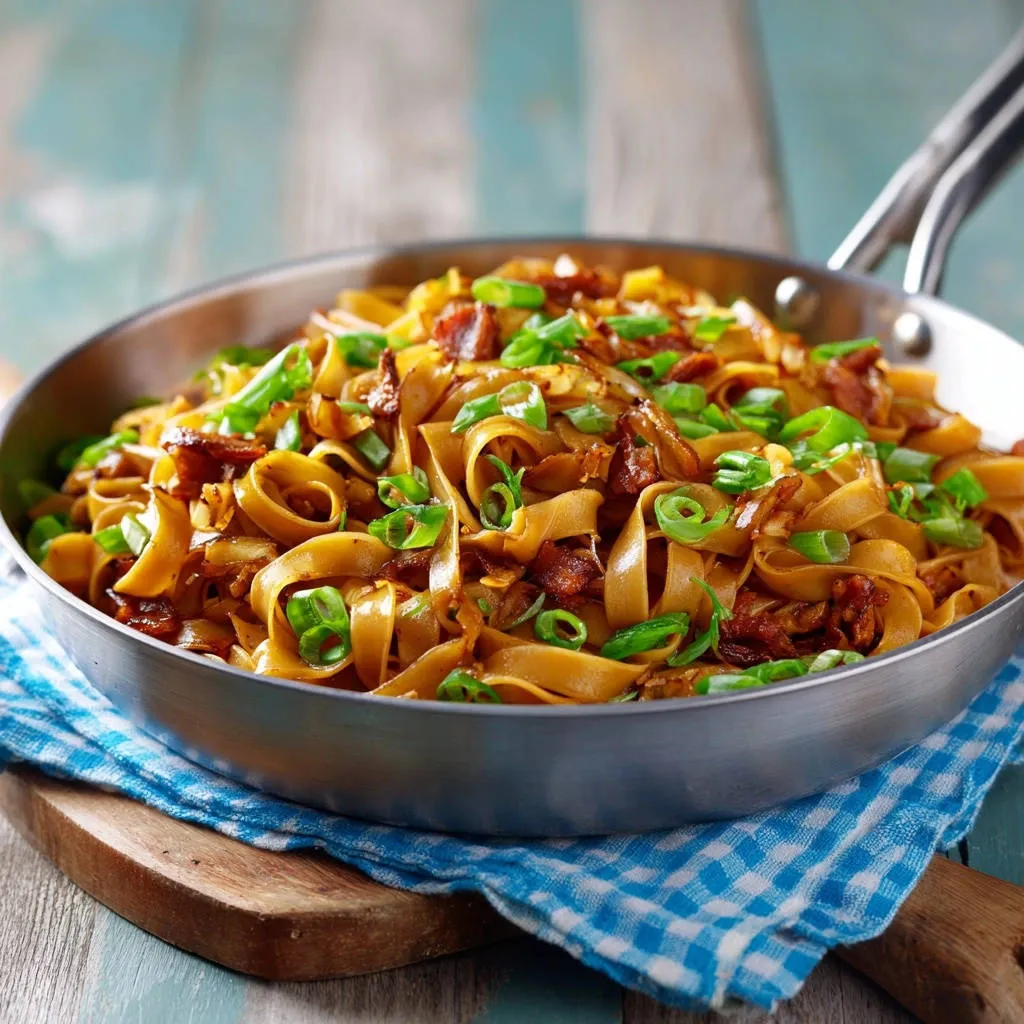 Savory pan-fried noodles with bacon served in a stainless steel skillet, topped with chopped green onions.