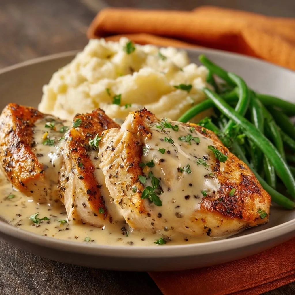 Pan-Seared Chicken with Creamy Pepper Sauce plated with three juicy slices, mashed potatoes, and green beans.