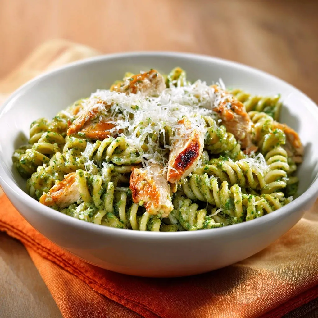 Pesto chicken pasta with fusilli noodles and shredded parmesan cheese, served in a white bowl.