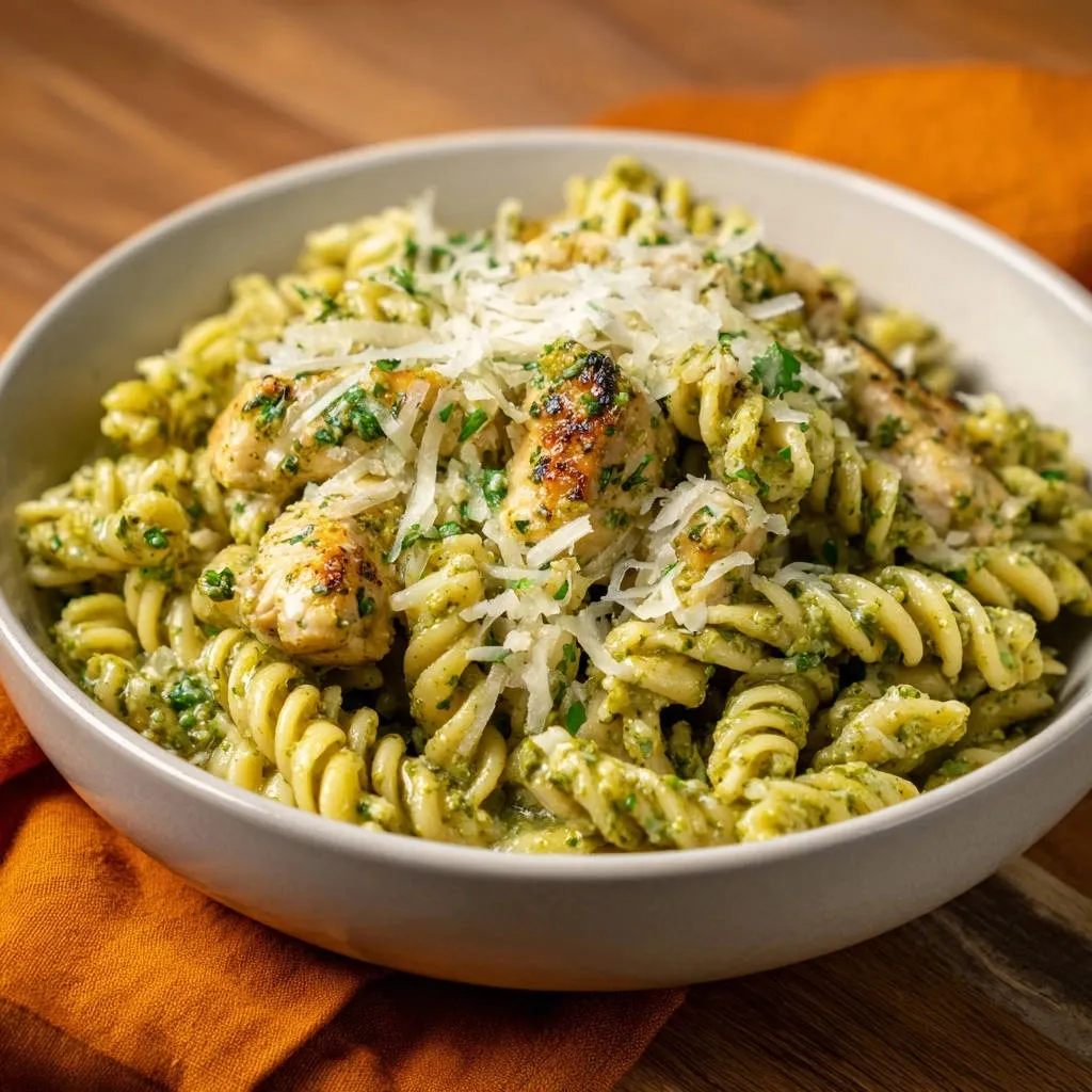 Pesto chicken pasta in a white bowl, showcasing fusilli noodles coated in green sauce and topped with grated cheese.