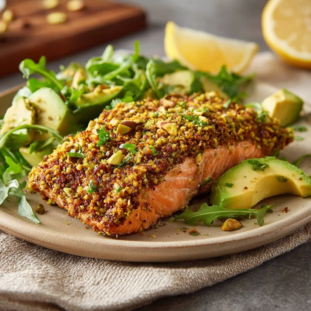 Pistachio-crusted baked salmon served with arugula salad and avocado slices on a plate, offering a side view.