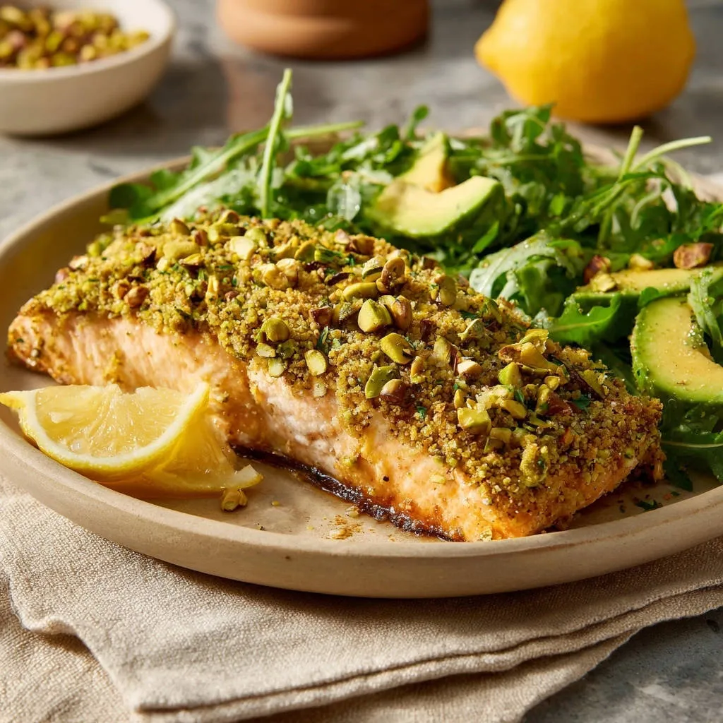 Pistachio-crusted baked salmon plated with a lemon wedge and arugula salad, captured from a side-view angle.