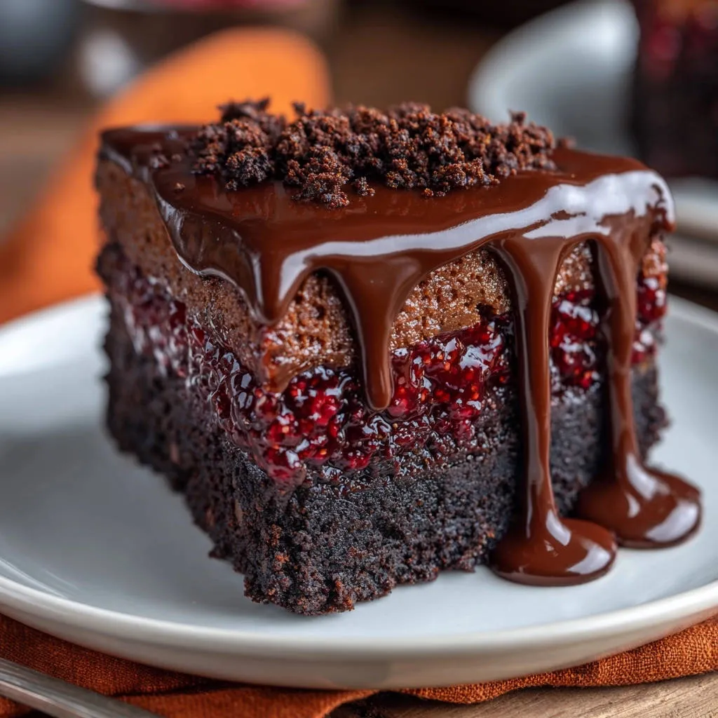 Decadent raspberry chocolate layer cake slice with rich chocolate ganache dripping over a cross-section of berries.