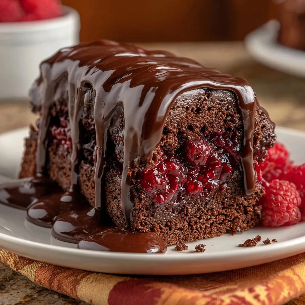 Decadent raspberry chocolate layer cake slice generously drizzled with rich chocolate ganache and garnished with fresh raspberries.