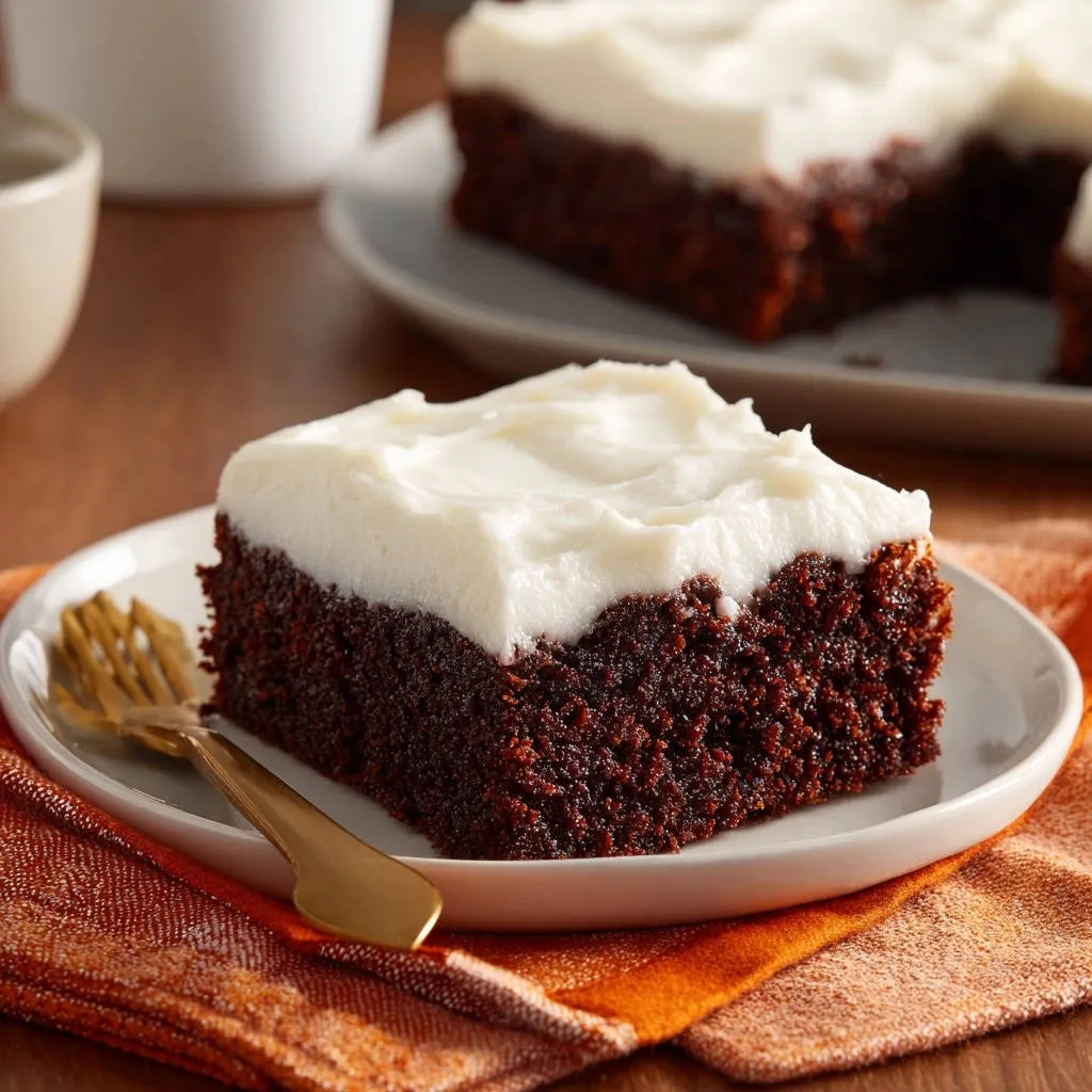 Rich chocolate sheet cake served as a plated slice with creamy white frosting and a golden fork.