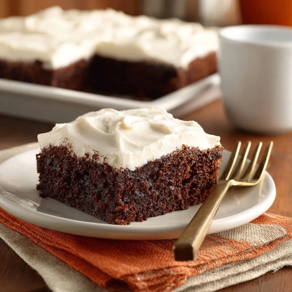Rich chocolate sheet cake slice on a white plate with a gold fork, showcasing its moist crumb and white frosting.