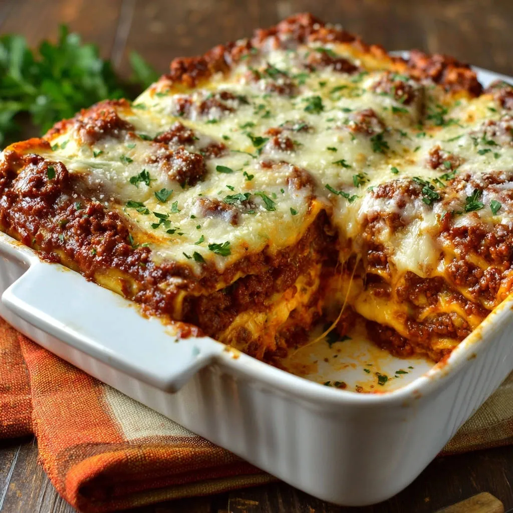 Rich layered beef lasagna shown in a cross-section, revealing its cheesy and meaty layers.
