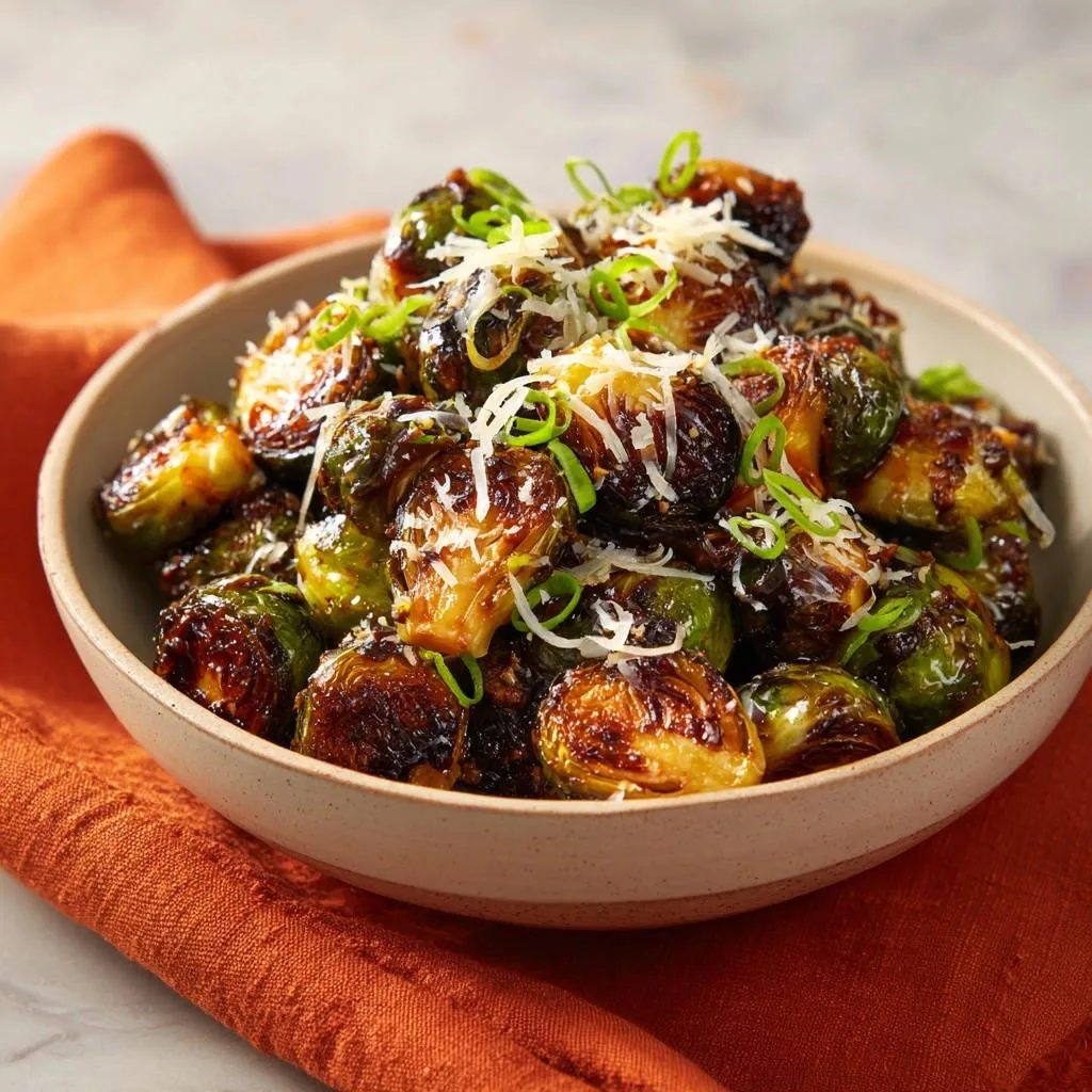 Roasted Brussels Sprouts with Parmesan served in a bowl, generously garnished with shredded cheese and green onions.