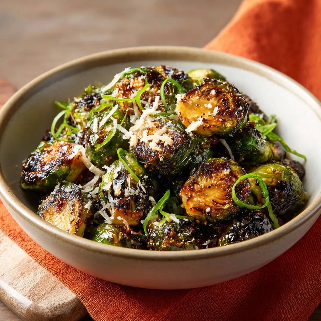 Roasted Brussels Sprouts with Parmesan, shown in a close-up view with fresh green garnish and shredded cheese.