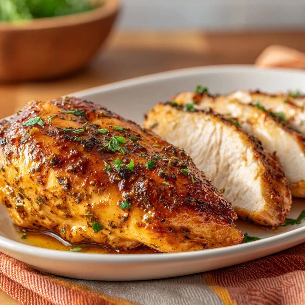 Perfectly roasted chicken breast sliced close-up on a white plate, showcasing golden-brown glaze and herbs.