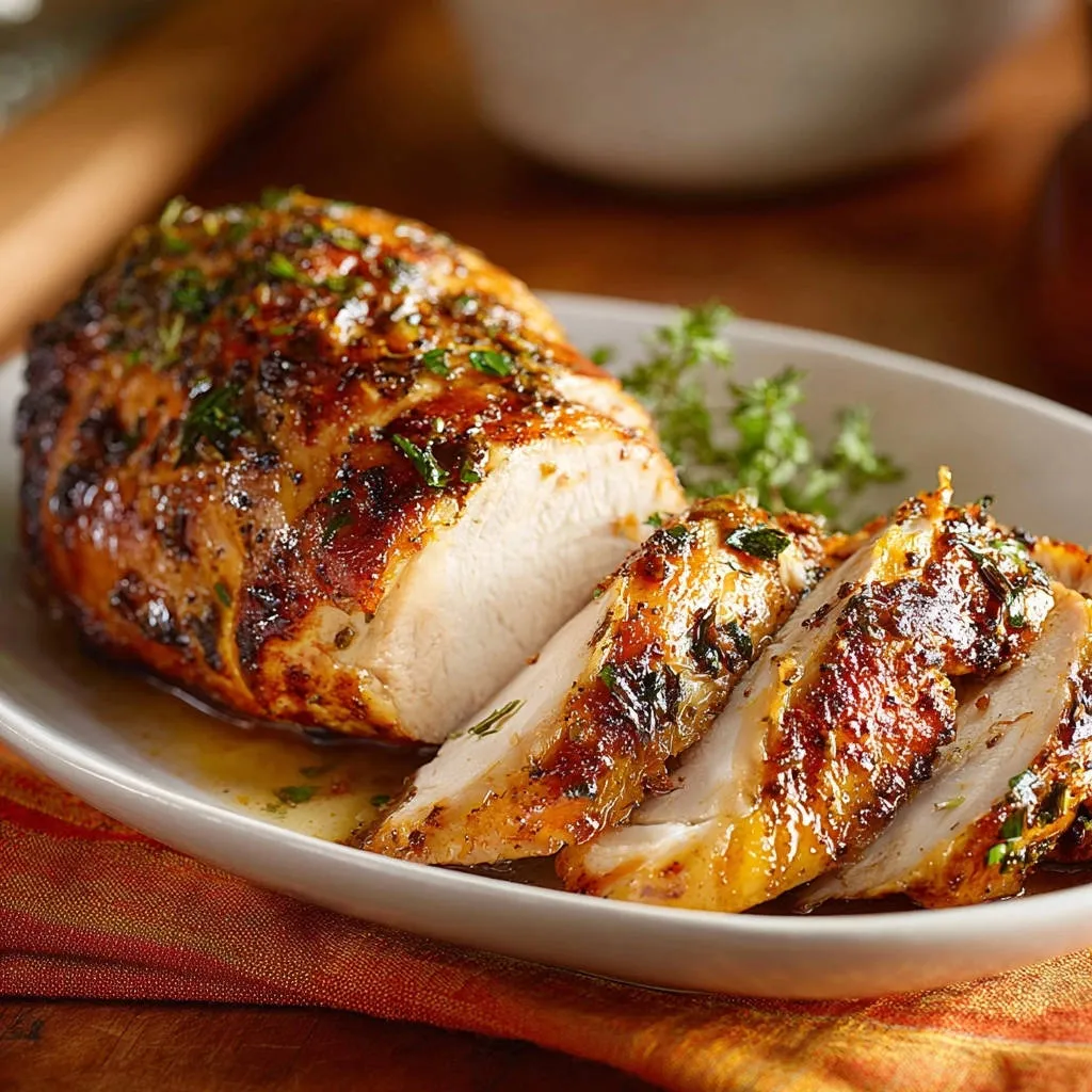 Perfectly roasted chicken breast, sliced to reveal a juicy and flavorful cross-section, seasoned with herbs.