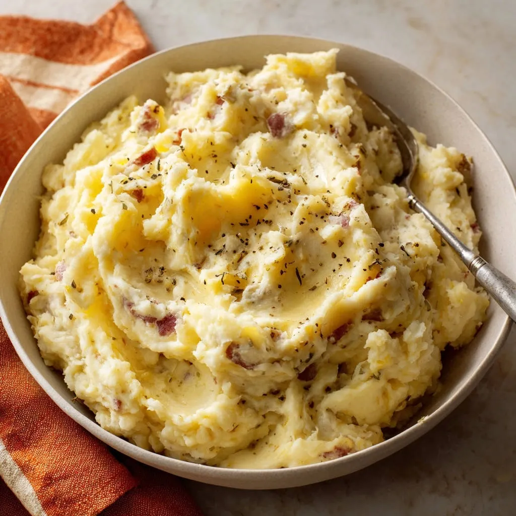 Rustic skin-on mashed potatoes in a bowl, showing creamy texture and visible potato skins and herbs.