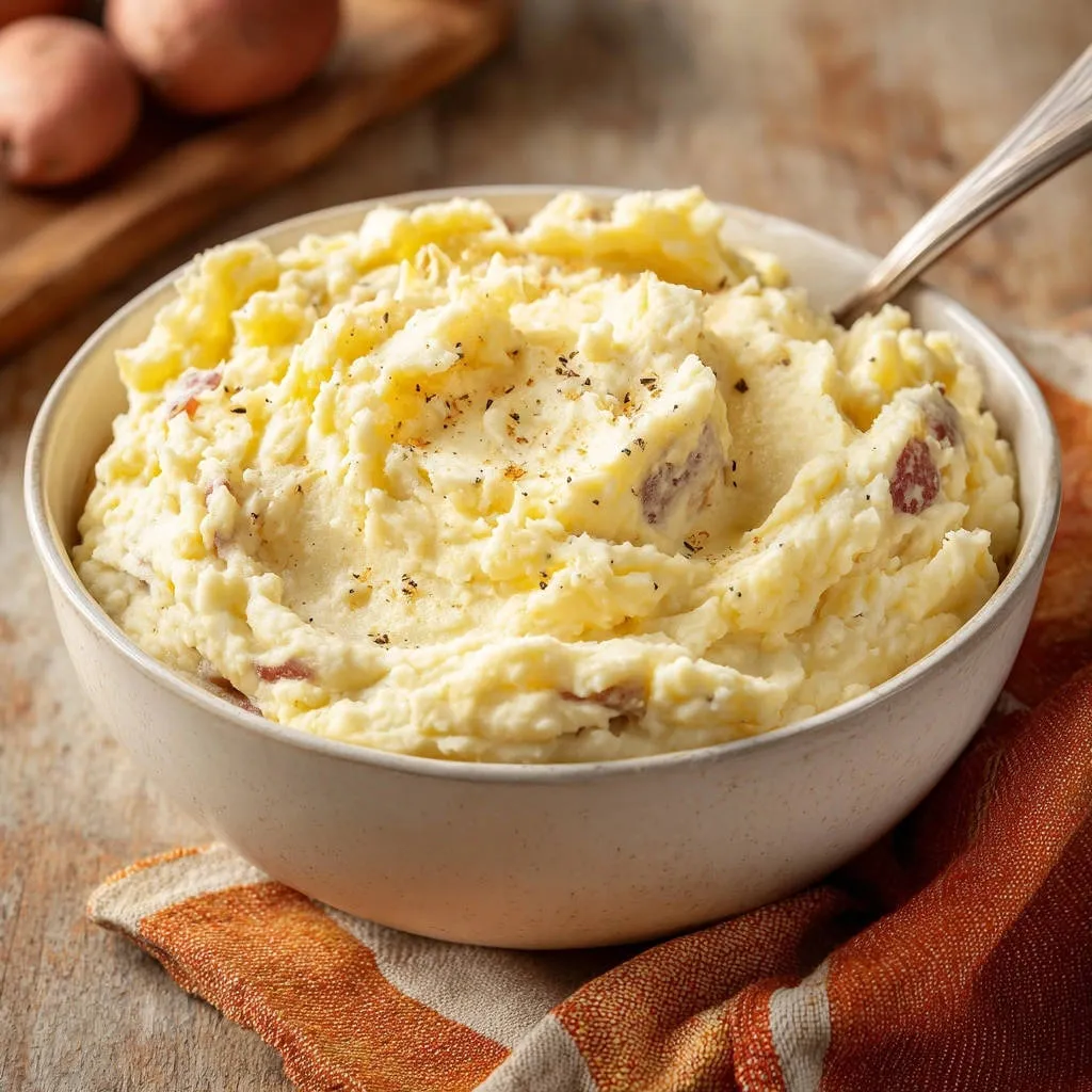 Rustic skin-on mashed potatoes with a creamy, fluffy texture, seasoned with black pepper, in a white bowl.