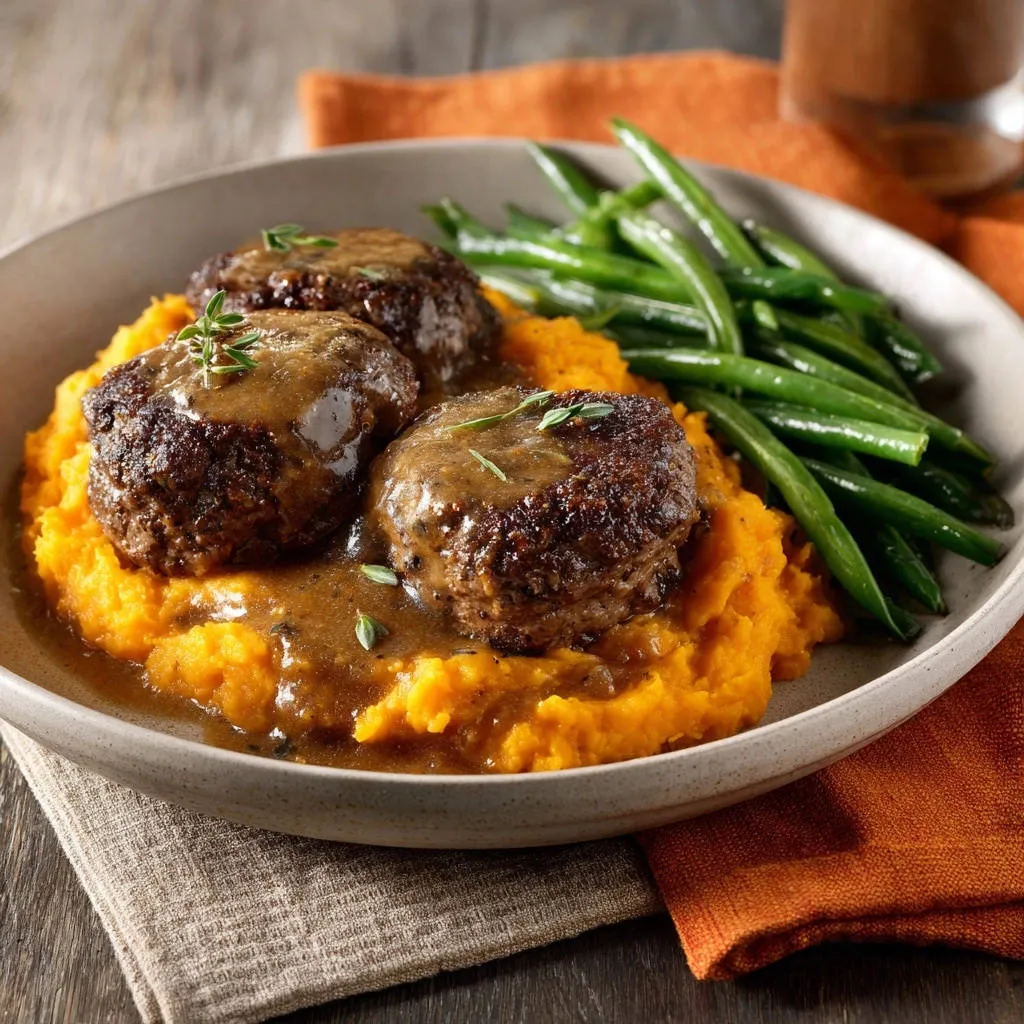 Salisbury steaks with rich brown gravy plated with sweet potato mash and green beans.