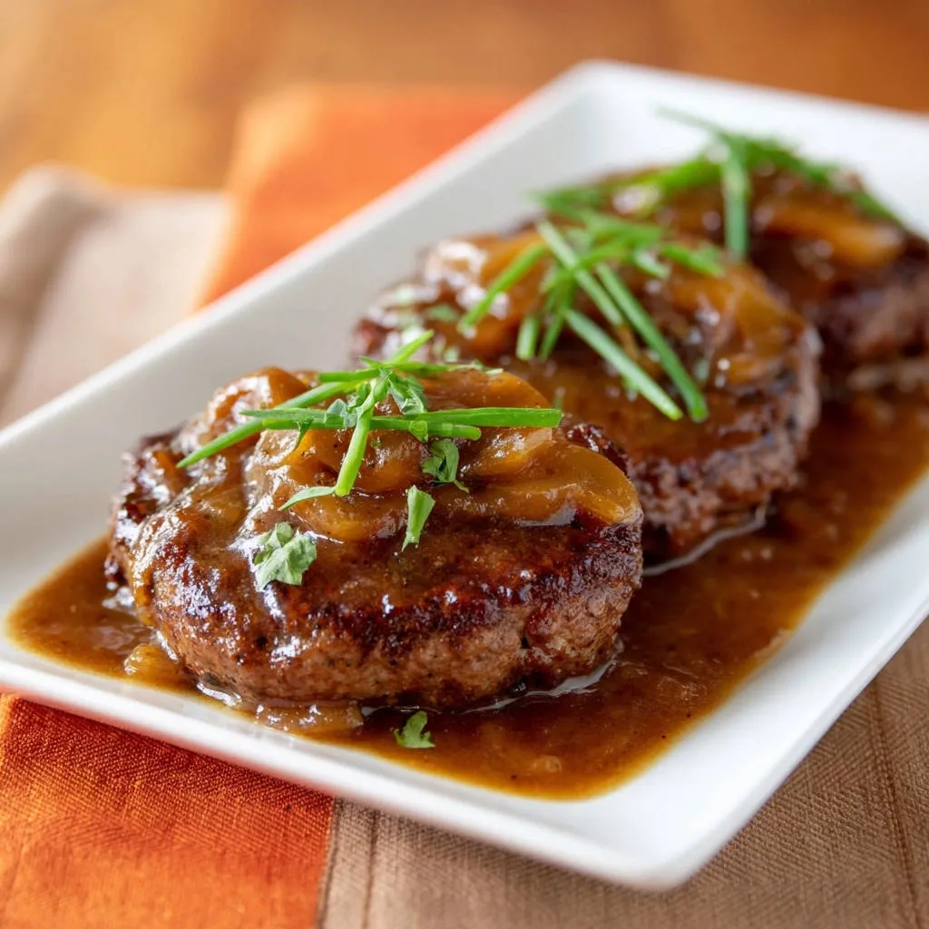 Rich onion gravy Salisbury steaks plated with a chive garnish and a side of sauce.