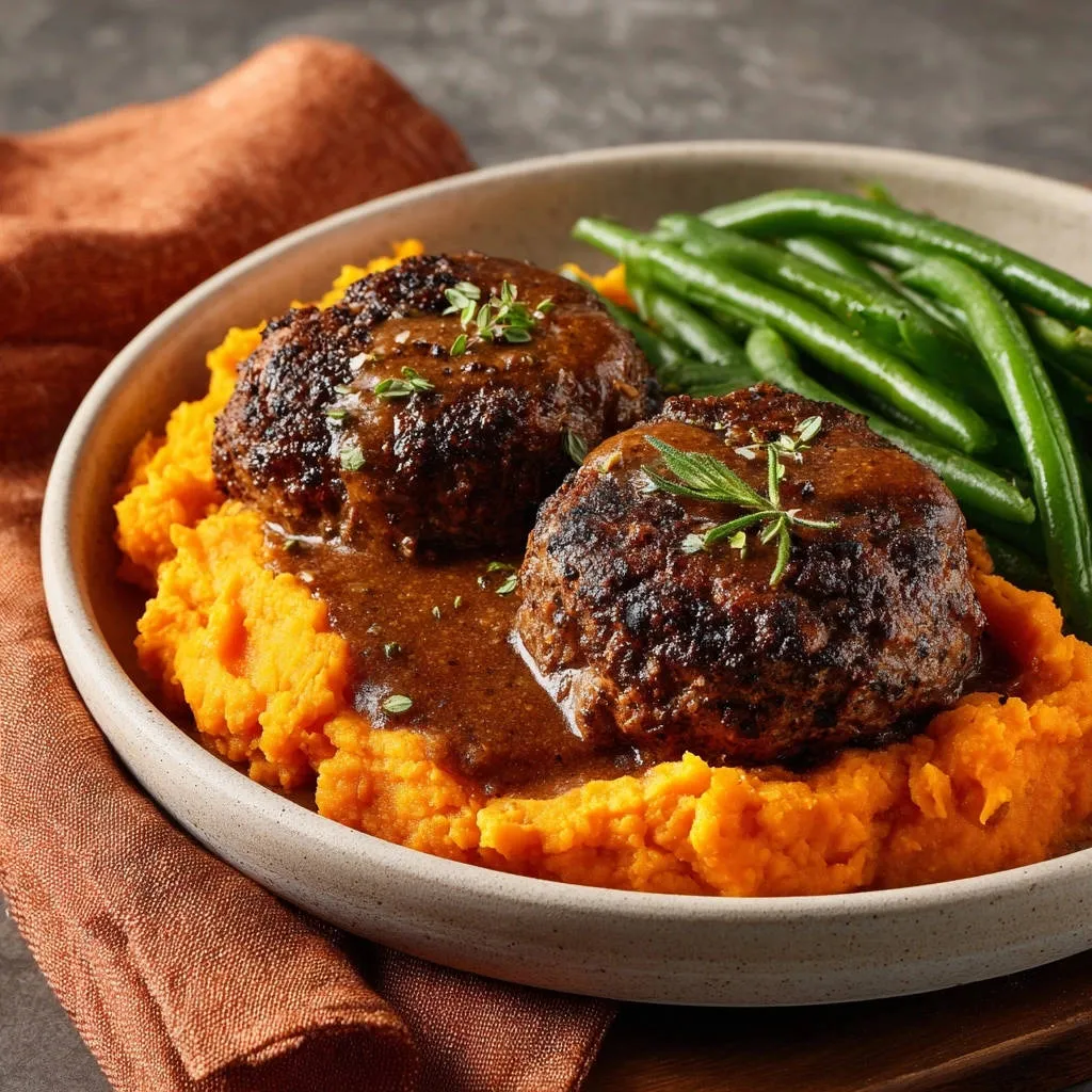 Salisbury steaks with rich brown gravy served over mashed sweet potatoes, garnished with herbs.