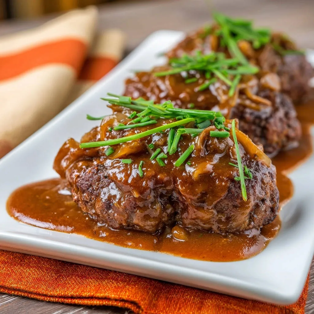 Rich onion gravy Salisbury steaks plated and garnished with fresh chives on a white dish.
