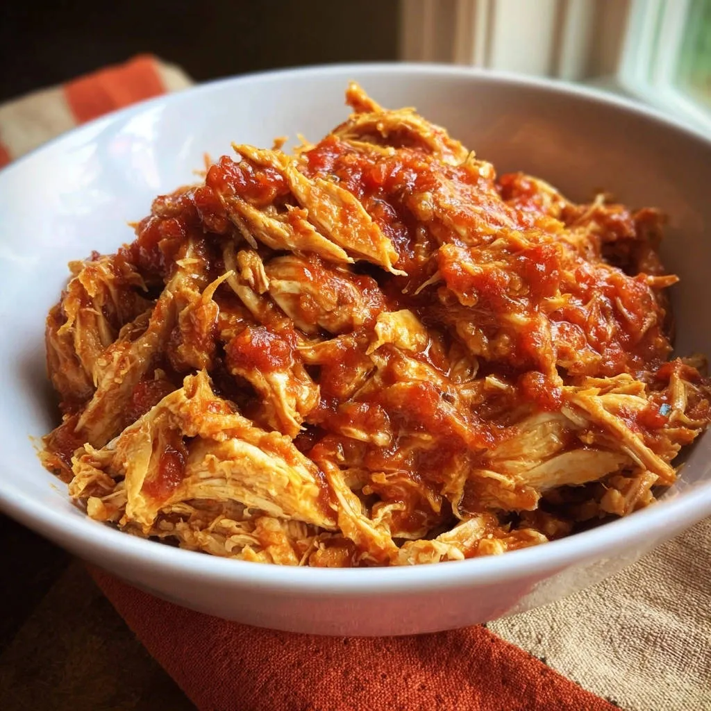 Easy Salsa Shredded Chicken served in a white bowl, showcasing its moist texture and vibrant tomato sauce.