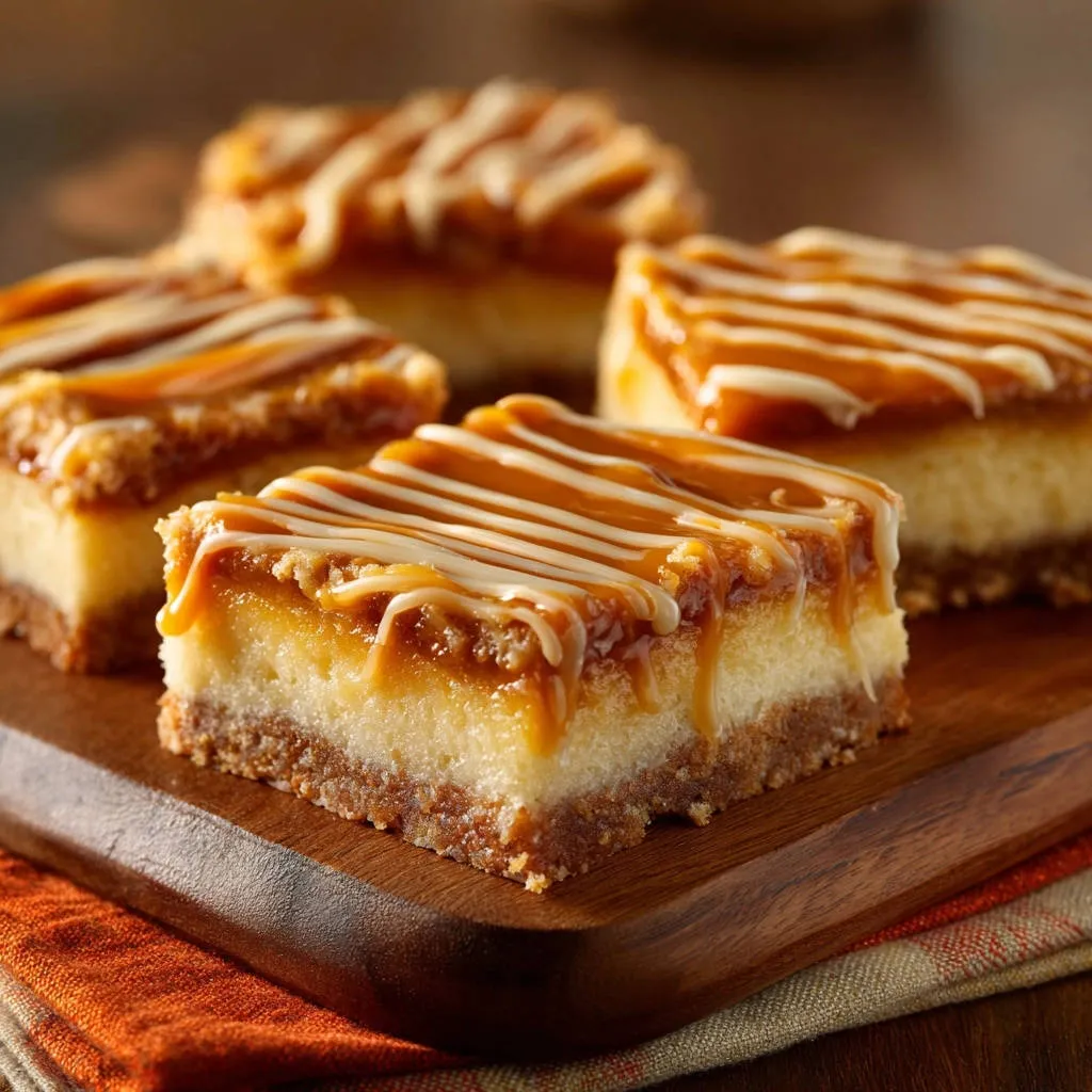 Salted caramel cheesecake bars with drizzled caramel and white chocolate on a wooden board.