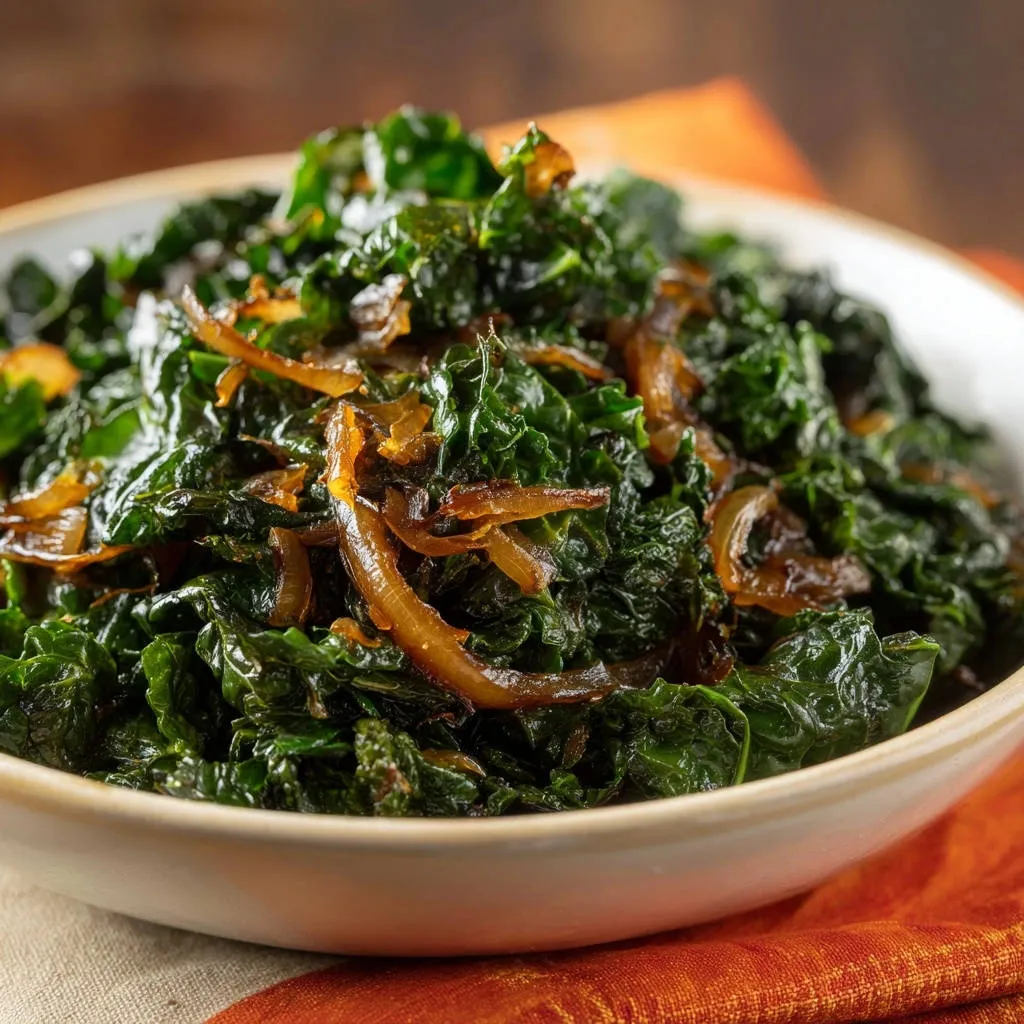 Simple sautéed kale and onions served in a bowl, showcasing tender greens and caramelized onions up close.
